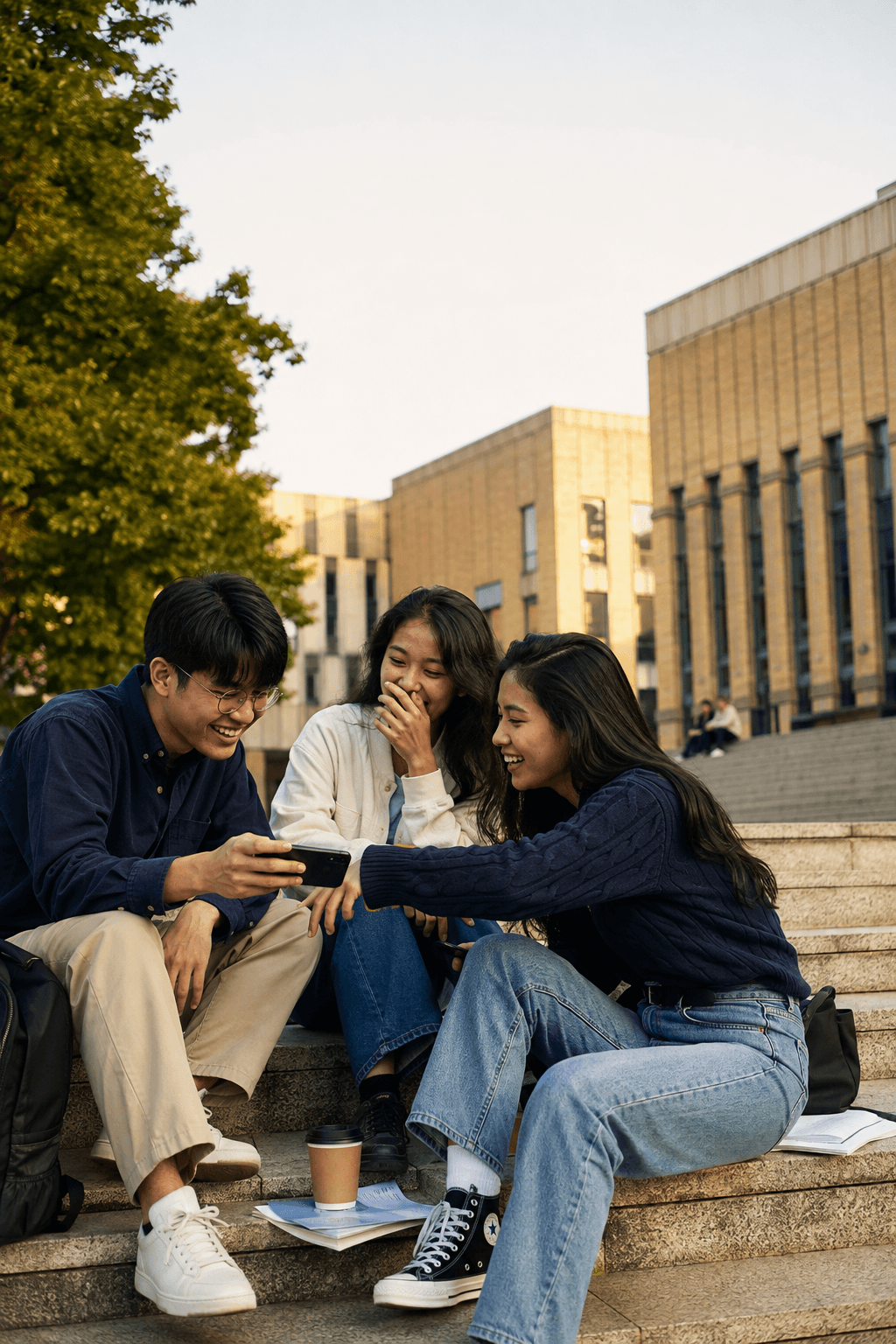 Three university-age friends sharing a moment on a campus in China